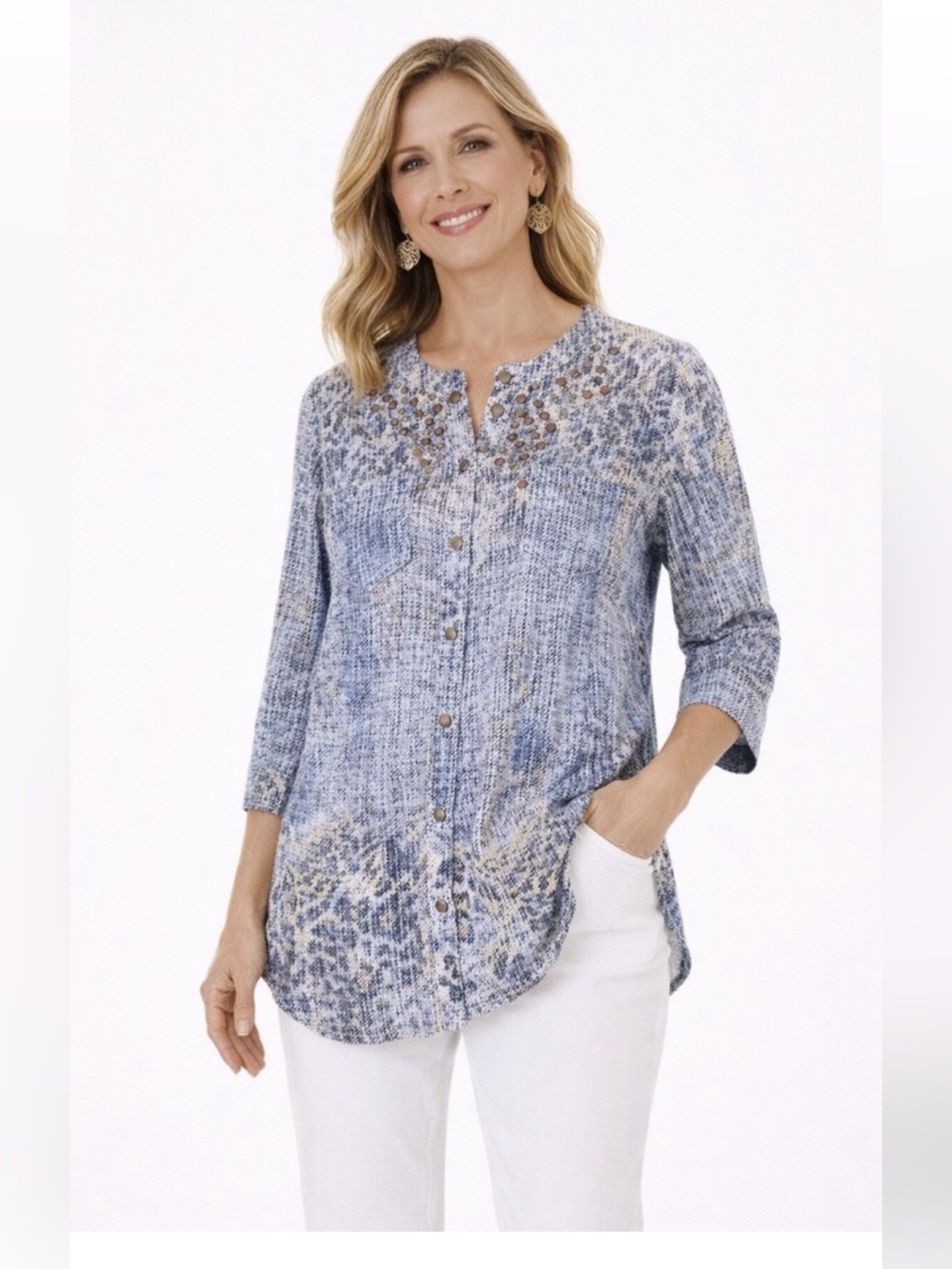 Chico's Faux-Denim Leopard Print Studded Snap Tunic.